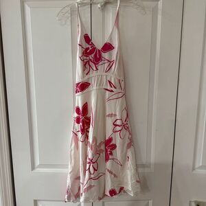 Y2K Linen Silk Halter Dress with Pink and White Floral Pattern Sundress